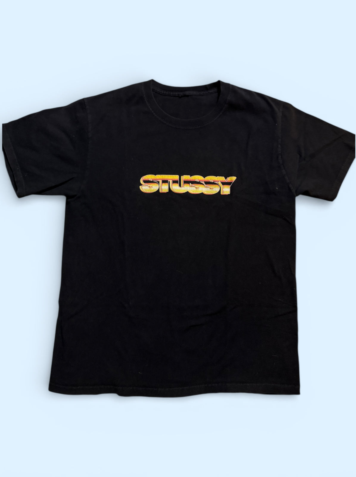 Vintage Stussy Black Gold Striped 3D Logo T-shirt